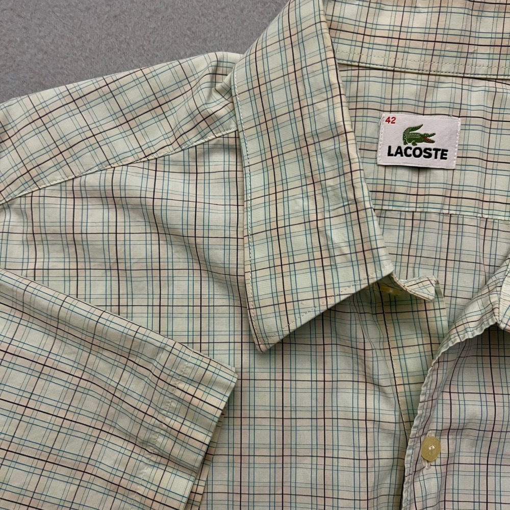Vintage Lacoste 42 Large Plaid Short Sleeve Button Up Shirt Cotton Croc